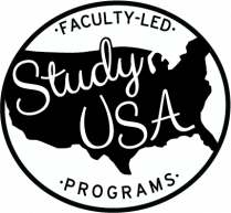 Study USA logo has Faculty-led Study USA Programs in a handwriting font, on top of a solid black silhouetted graphic of the United States.