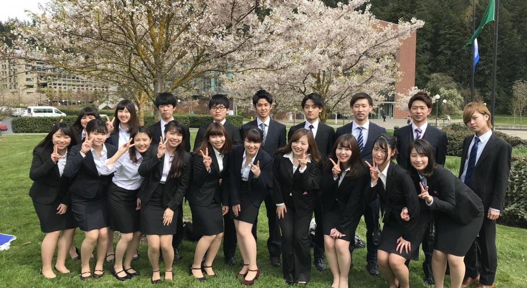 A large mixed group of AUAP students celebrate graduation in their formal and dark suits on the green lawn  of campus, in front of blooming pink blossomed cherry tree.