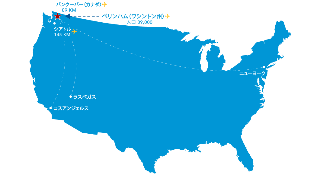 Map showing Bellingham's location relative to other urban centers in the US, in Japanese