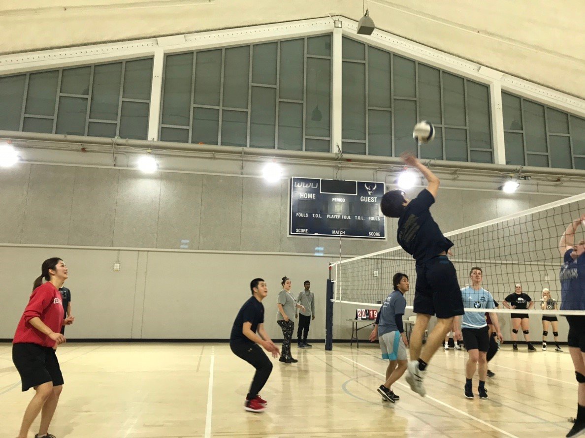AUAP students play volleyball on campus in the gymnasium