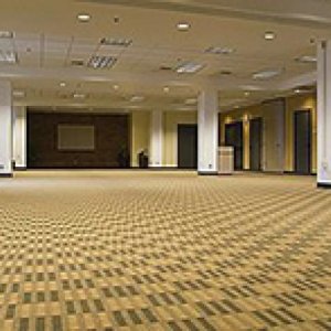 A diamond checked carpet fills the large empty room