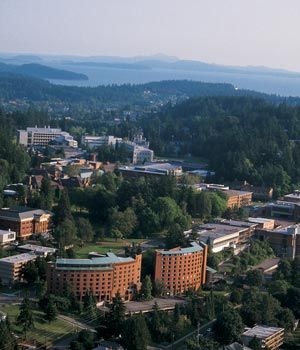 Aerial western facing view of Western Washington University and Bellingham Bay and Islands beyond.