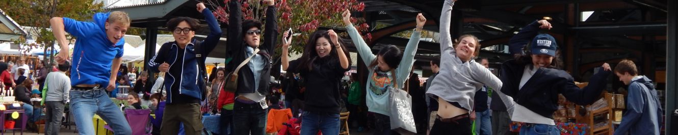 A group of international students leap joyously into the air with fist pumping, smiles and laughter.