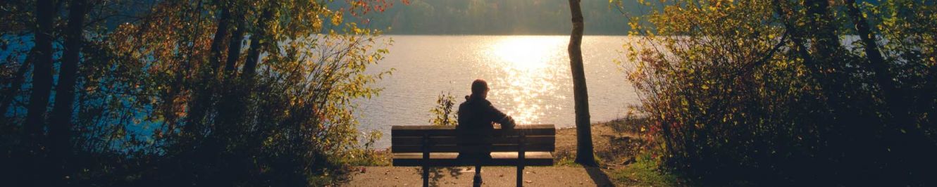 A student sits at a bench in front of Lake Padden, contemplating life in the glow of the sunset.