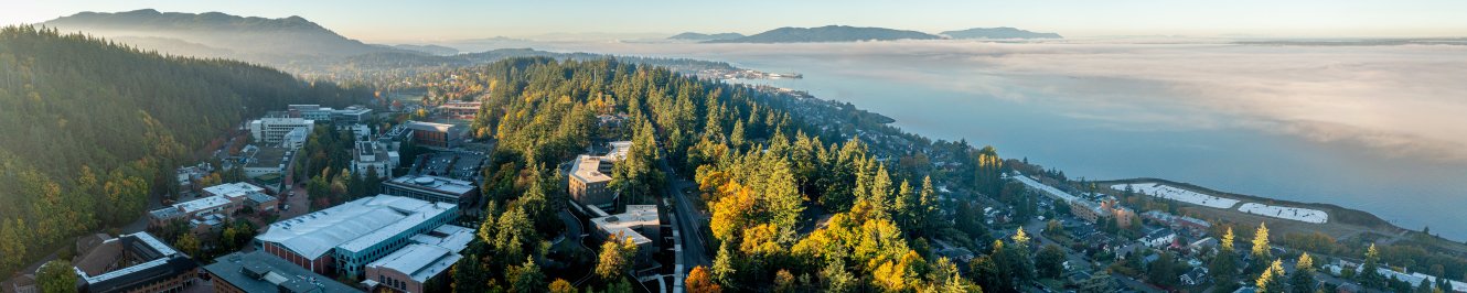 Aerial view of Western Washington University adjacent to Bellingham Bay.