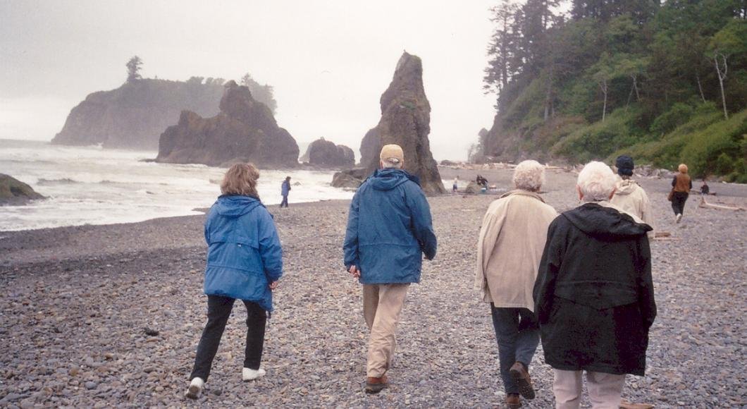 Group of mature students walking the beaches of La Push